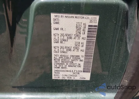 2022 Nissan Frontier Sv 4X4 from USA, damaged, VIN 1N6ED1EK2NN617109